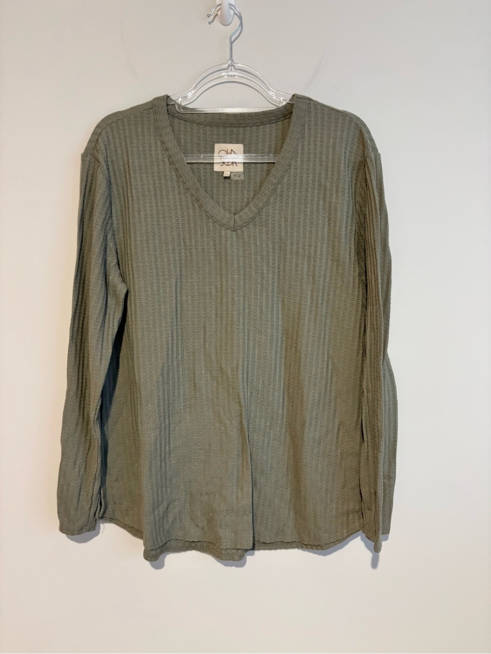 Chaser Womens Waffle Knit V-Neck Top Shirt Long Sleeve olive green XL - Picture 1 of 5